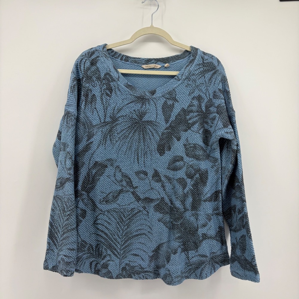 Soft Surroundings Womens Medium Blue Tropical Leaf Print Scoop Neck Sweater